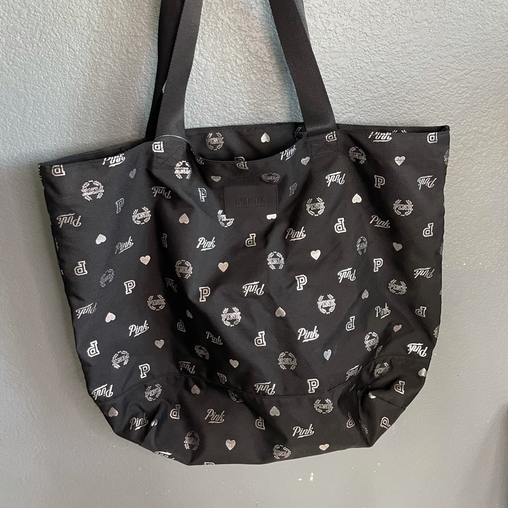 NWT Pink-Victoria Secret Black Tote with Logos